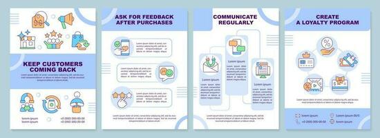 Keep customers coming back brochure template. Client loyalty. Leaflet design with linear icons. Editable 4 vector layouts for presentation, annual reports