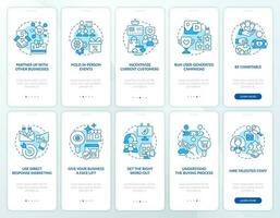Ways of finding customers blue onboarding mobile app screen set. Walkthrough 5 steps editable graphic instructions with linear concepts. UI, UX, GUI template vector