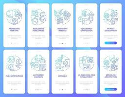 Digital technology tendency blue gradient onboarding mobile app screen set. Walkthrough 5 steps graphic instructions with linear concepts. UI, UX, GUI template vector