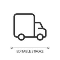 Lorry pixel perfect linear ui icon. Cargo truck delivering goods. Transportation service. GUI, UX design. Outline isolated user interface element for app and web. Editable stroke vector