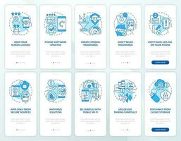 Smartphone security tips blue onboarding mobile app screen set. Walkthrough 5 steps editable graphic instructions with linear concepts. UI, UX, GUI template vector