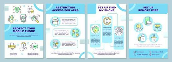 Protect your mobile phone turquoise brochure template. Leaflet design with linear icons. Editable 4 vector layouts for presentation, annual reports