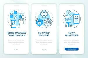 Protect mobile phone blue onboarding mobile app screen. Online safety walkthrough 3 steps editable graphic instructions with linear concepts. UI, UX, GUI template vector