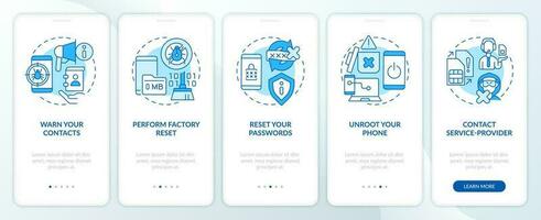 Remove hacker blue onboarding mobile app screen. Smartphone safety walkthrough 5 steps editable graphic instructions with linear concepts. UI, UX, GUI template vector