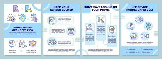 Smartphone security tips blue brochure template. Mobile safety. Leaflet design with linear icons. Editable 4 vector layouts for presentation, annual reports