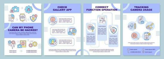 Possible phone camera hacking purple brochure template. Leaflet design with linear icons. Editable 4 vector layouts for presentation, annual reports