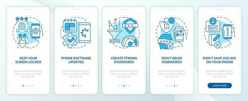 Mobile phone security tips blue onboarding mobile app screen. Walkthrough 5 steps editable graphic instructions with linear concepts. UI, UX, GUI template vector