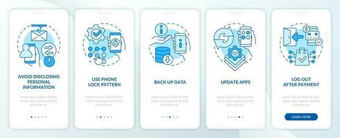 Prevent smartphone hacking attacks blue onboarding mobile app screen. Walkthrough 5 steps editable graphic instructions with linear concepts. UI, UX, GUI template vector