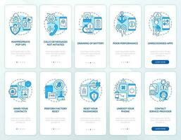 Mobile phone cyber attack blue onboarding mobile app screen set. Walkthrough 5 steps editable graphic instructions with linear concepts. UI, UX, GUI template vector