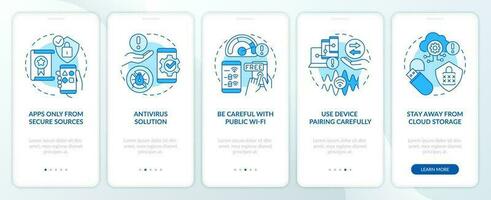 Smartphone safety tips blue onboarding mobile app screen. Security walkthrough 5 steps editable graphic instructions with linear concepts. UI, UX, GUI template vector