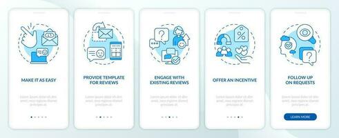 Motivate customers to write reviews blue onboarding mobile app screen. Walkthrough 5 steps editable graphic instructions with linear concepts. UI, UX, GUI template vector