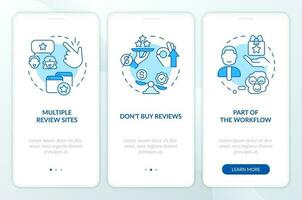 Obtaining online feedback blue onboarding mobile app screen. Walkthrough 3 steps editable graphic instructions with linear concepts. UI, UX, GUI template vector