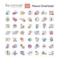 News overload RGB color big icons set. Too much information. Media negative impact to mental health. Isolated vector illustrations. Simple filled line drawings collection. Editable stroke