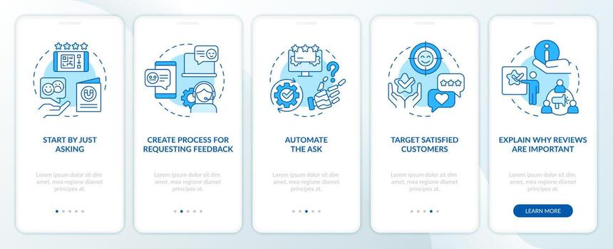 Asking customers write reviews blue onboarding mobile app screen. Walkthrough 5 steps editable graphic instructions with linear concepts. UI, UX, GUI template vector