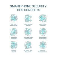 Smartphone security tips turquoise concept icons set. Prevent hacker attack idea thin line color illustrations. Isolated symbols. Editable stroke vector