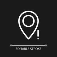 Wrong pin location pixel perfect white linear ui icon for dark theme. Missing place on map. Vector line pictogram. Isolated user interface symbol for night mode. Editable stroke