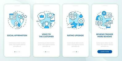 Customer reviews purposes blue onboarding mobile app screen. Walkthrough 4 steps editable graphic instructions with linear concepts. UI, UX, GUI template vector