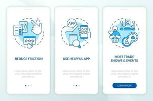 Methods to get client feedback blue onboarding mobile app screen. Walkthrough 3 steps editable graphic instructions with linear concepts. UI, UX, GUI template vector