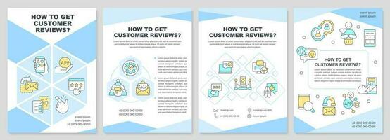 How to get customer reviews blue brochure template. Leaflet design with linear icons. Editable 4 vector layouts for presentation, annual reports