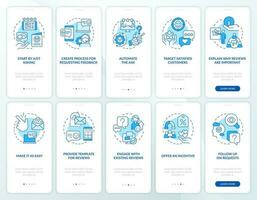 Increase business credibility blue onboarding mobile app screen set. Walkthrough 5 steps editable graphic instructions with linear concepts. UI, UX, GUI template vector