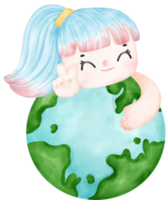 eco vriendelijk opslaan aarde, een jong meisje knuffel planeet waterverf schilderij png