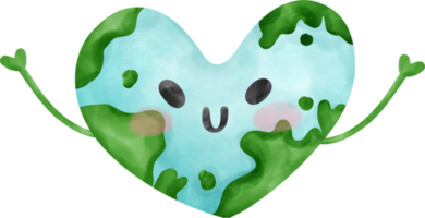 Eco friendly happy face Earth heart shape symbol watercolor painting png