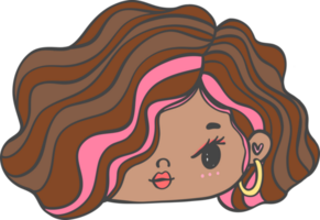 Cute girl happy strong face with colourful fashion hair cartoon character hand drawing doodle outline png