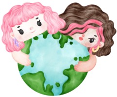 Eco friendly save earth, two young girl hug planet watercolor painting png