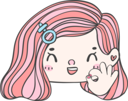 Cute girl beauty face with ok gesture hand sign cartoon character hand drawing doodle outline png