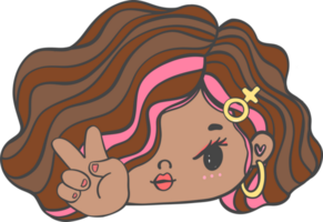 Cute girl happy face with two finger victory gesture cartoon character hand drawing doodle outline png