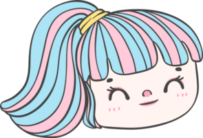 carino ragazza contento forte viso con colorato moda capelli cartone animato personaggio mano disegno scarabocchio schema png