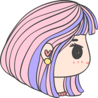 carino ragazza contento forte viso con colorato moda capelli cartone animato personaggio mano disegno scarabocchio schema png