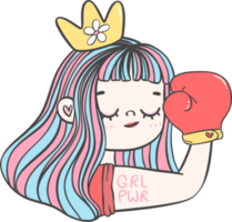 Cute girl strong face with boxing glove cartoon character hand drawing doodle outline png