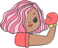 Cute girl strong face with boxing glove cartoon character hand drawing doodle outline png