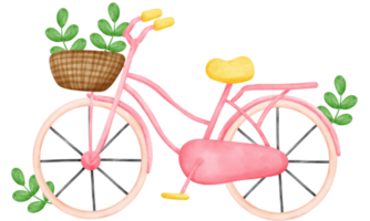 Eco friendly save energy, cute pink bicycle with green leaf symbol watercolor painting png