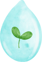 Eco friendly save water, drop of blue clear water with green leaf inside watercolor painting png