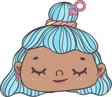 carino ragazza contento forte viso con colorato moda capelli cartone animato personaggio mano disegno scarabocchio schema png