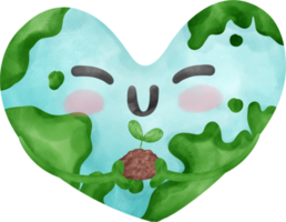 eco simpático verde tierra corazón forma símbolo crecer planta acuarela pintura dibujos animados personaje png