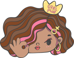 linda niña belleza cara con Okay gesto mano firmar dibujos animados personaje mano dibujo garabatear contorno png