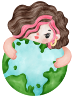 Eco friendly save earth, a young girl hug planet watercolor painting png