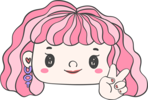 Cute girl happy face with two finger victory gesture cartoon character hand drawing doodle outline png