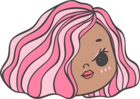 carino ragazza contento forte viso con colorato moda capelli cartone animato personaggio mano disegno scarabocchio schema png