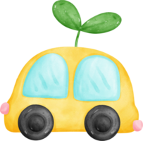 Eco friendly save energy, yellow eco car with plug and green leaf symbol watercolor painting png