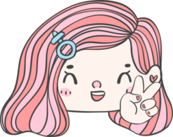 Cute girl happy face with two finger victory gesture cartoon character hand drawing doodle outline png