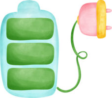 Eco friendly save energy, cute full green battery plug and green leaf symbol watercolor painting png