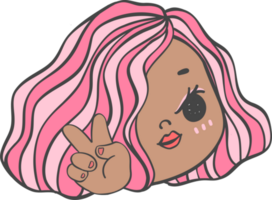 Cute girl happy face with two finger victory gesture cartoon character hand drawing doodle outline png