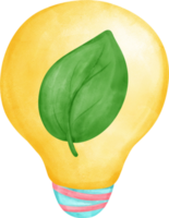 Eco friendly save energy, yellow light blub with green leaf symbol watercolor painting png