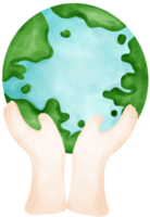 Eco friendly save earth, two hands hold earth symbol watercolor painting png