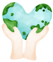 Eco friendly save earth, two hands hold earth heart shape symbol watercolor painting png