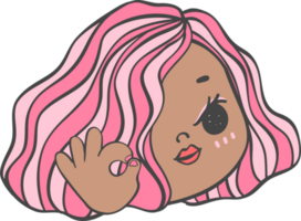 Cute girl beauty face with ok gesture hand sign cartoon character hand drawing doodle outline png